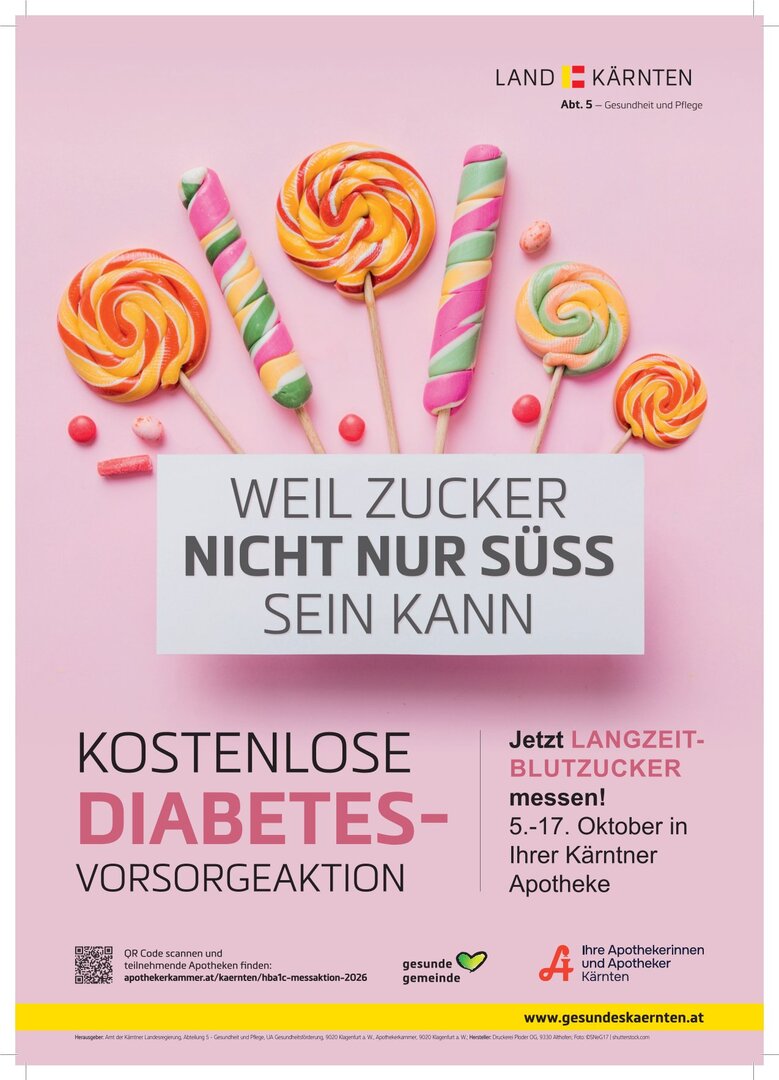 Zuckerl auf rosa Hintergrund mit Text zur Diabetes-Vorsorgeaktion in Kärnten