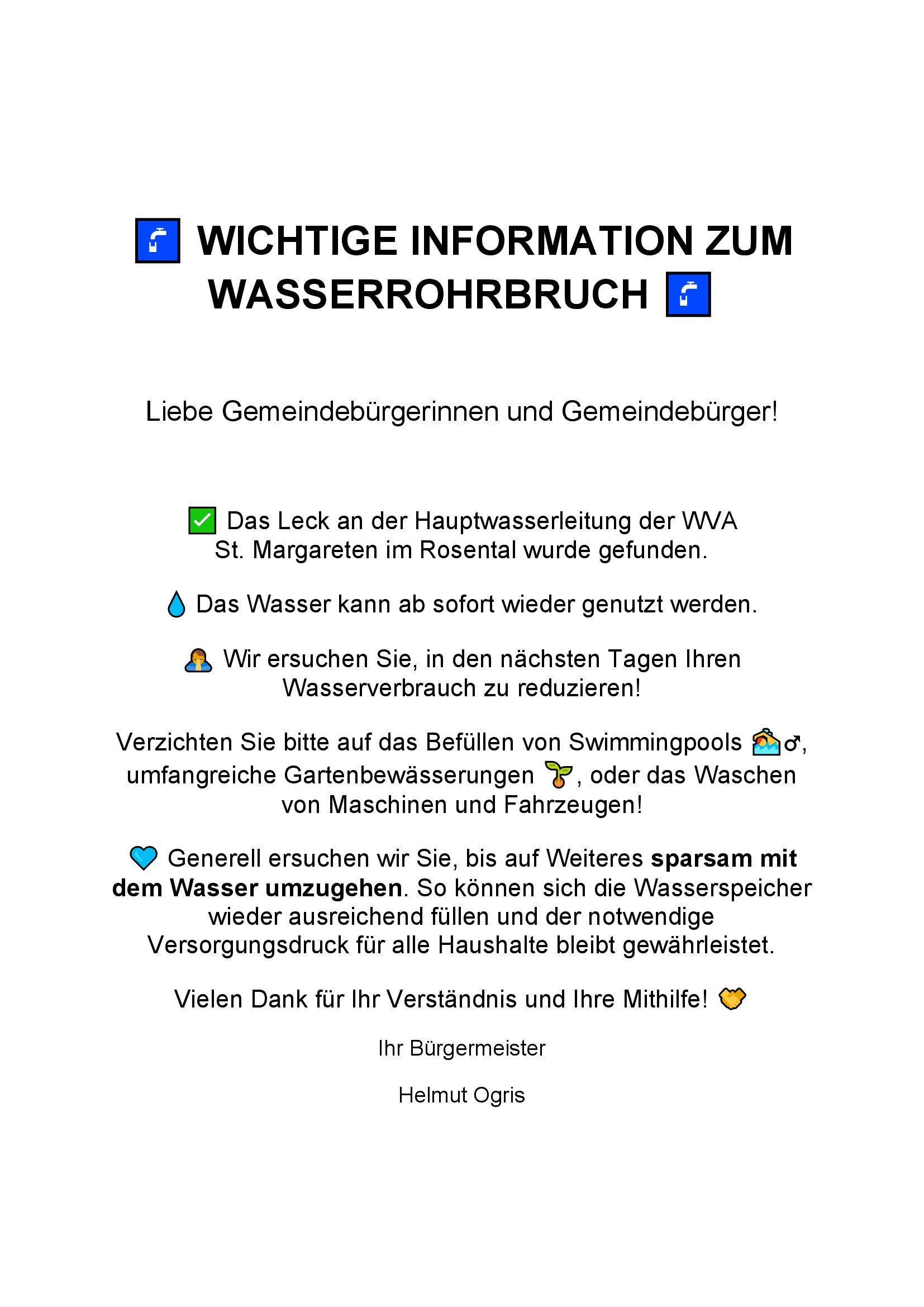 Update zum Wasserrohrbruch